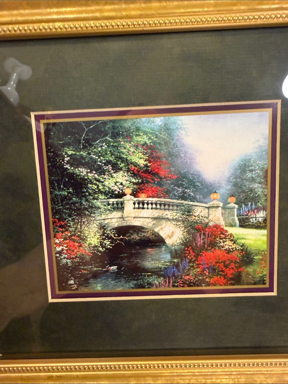 Thomas Kinkade Garden Bridge Print with Gold Frame and Green Mat
